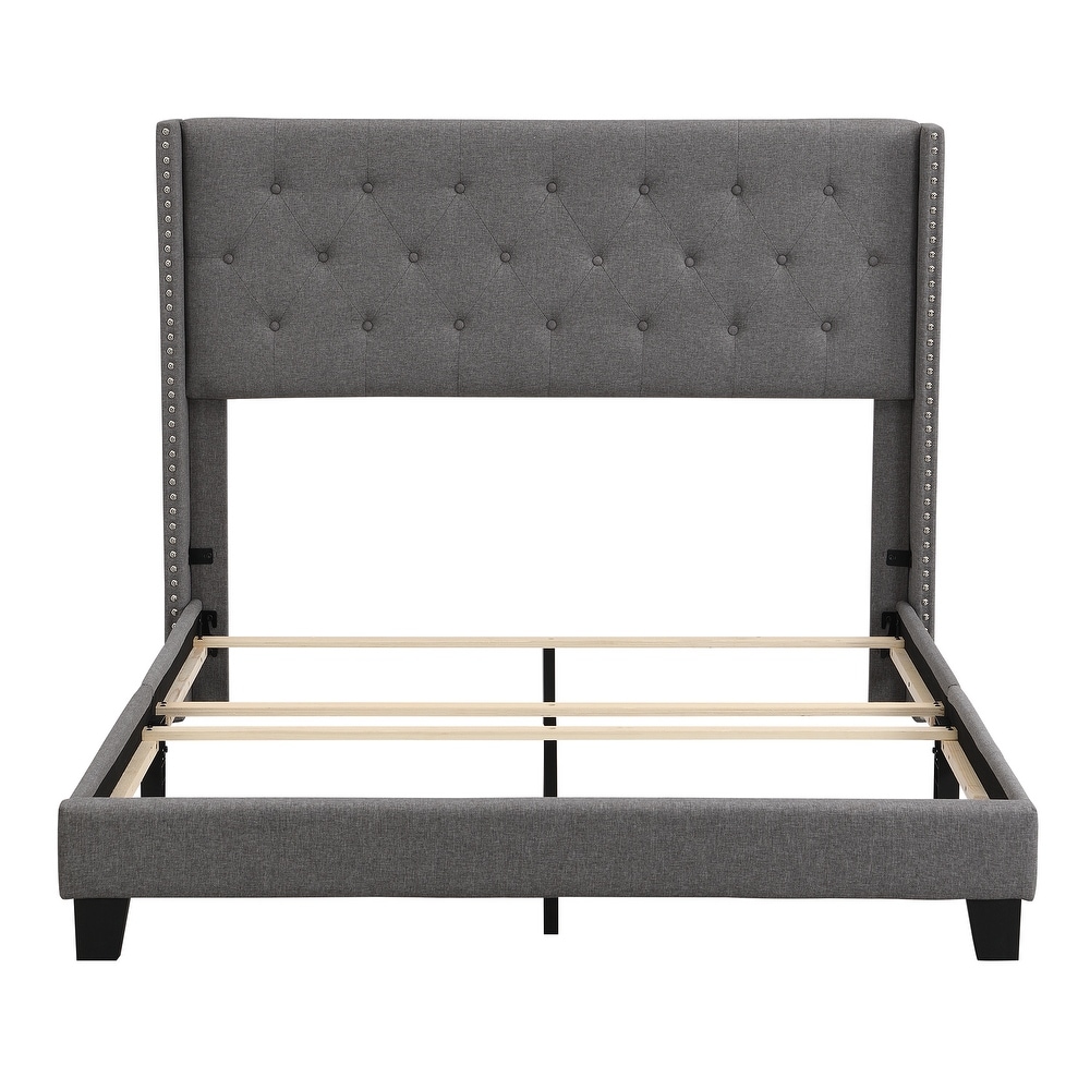 Elegant Design Queen Size Upholstered Platform Bed with Classic Linen Fabric Button Tufted Headboard  Box Spring Needed