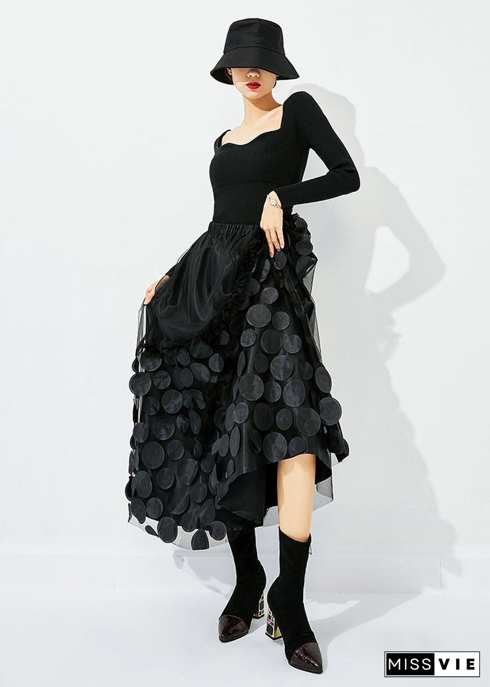 Original Design Black Elastic Waist Patchwork Wrinkled Tulle Skirt Summer