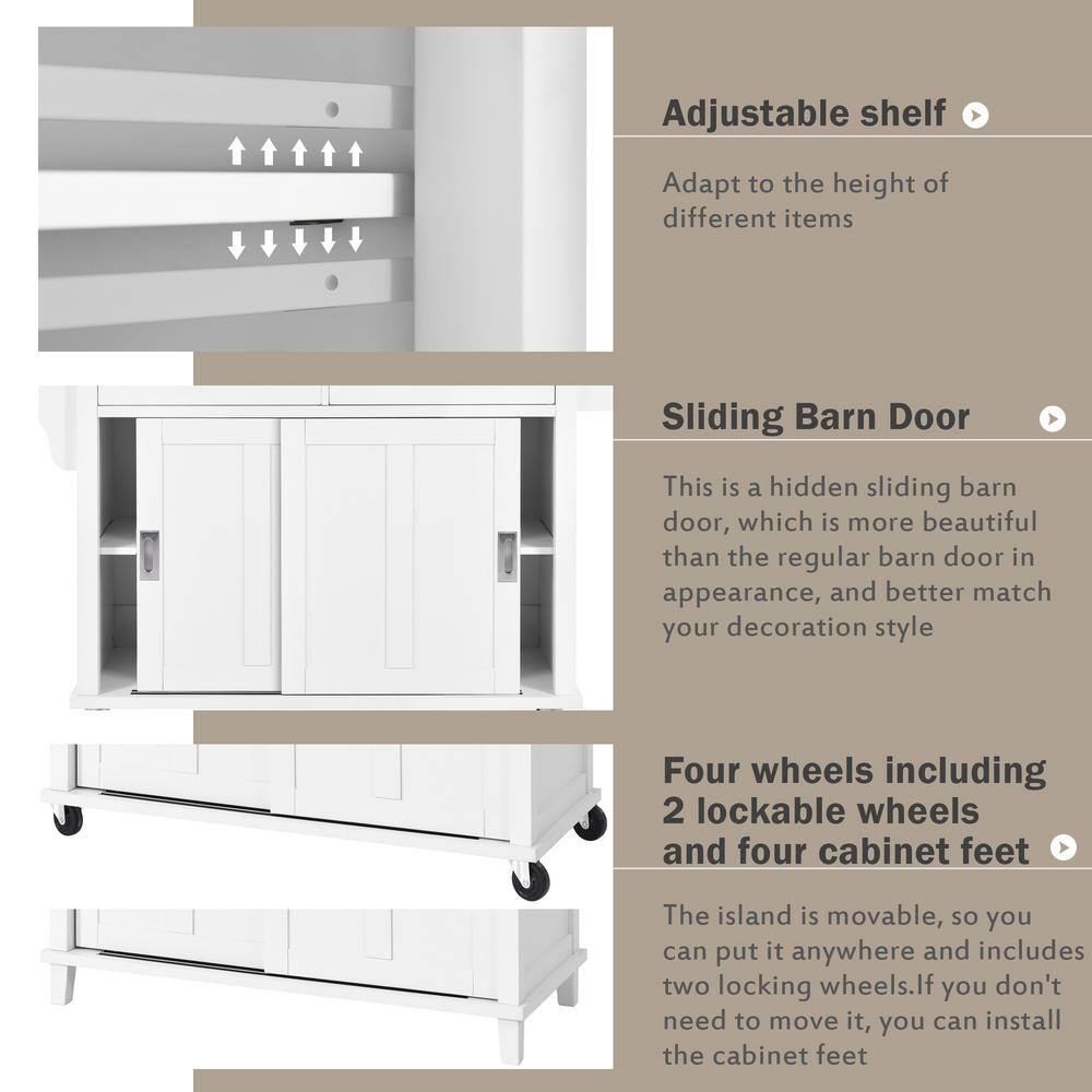 White Wooden 52.2 in. Mobile Kitchen Island Cart with Solid Wood Drop Leaf Countertop Sliding Barn Door and 2-Drawer ZT-SK000001AAW