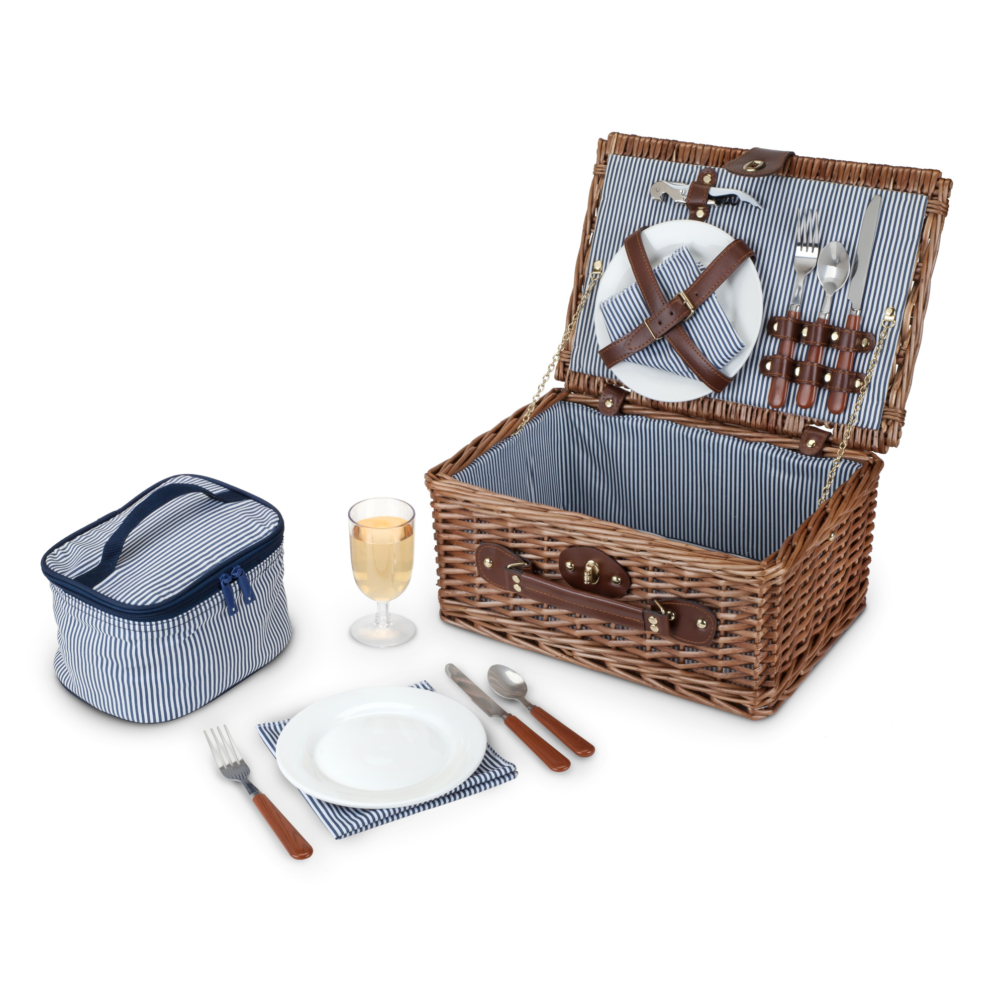 Twine Newport Picnic Basket， Wicker Basket with Place Settings， Wine Glasses， Corkscrew， Insulated Compartments， Set of 1 Basket