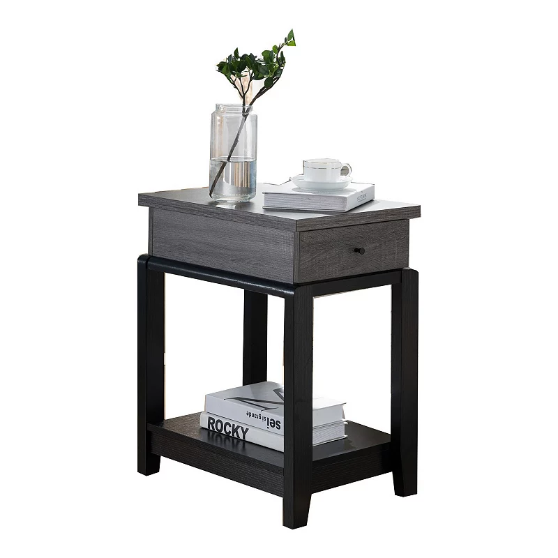 Wooden Chairside Table With Bottom Shelf， Distressed Gray And Black