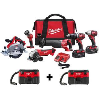 MW M18 18V Lithium-Ion Cordless Combo Tool Kit (6-Tool) with Two M18 WetDry Vacuums 2696-26-0880-20-0880-20