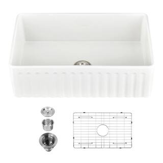 PROOX White Fireclay 33 in. Single Bowl Farmhouse Apron Kitchen Sink with Bottom Grid and Basket Strainer PRCASRX8280WH