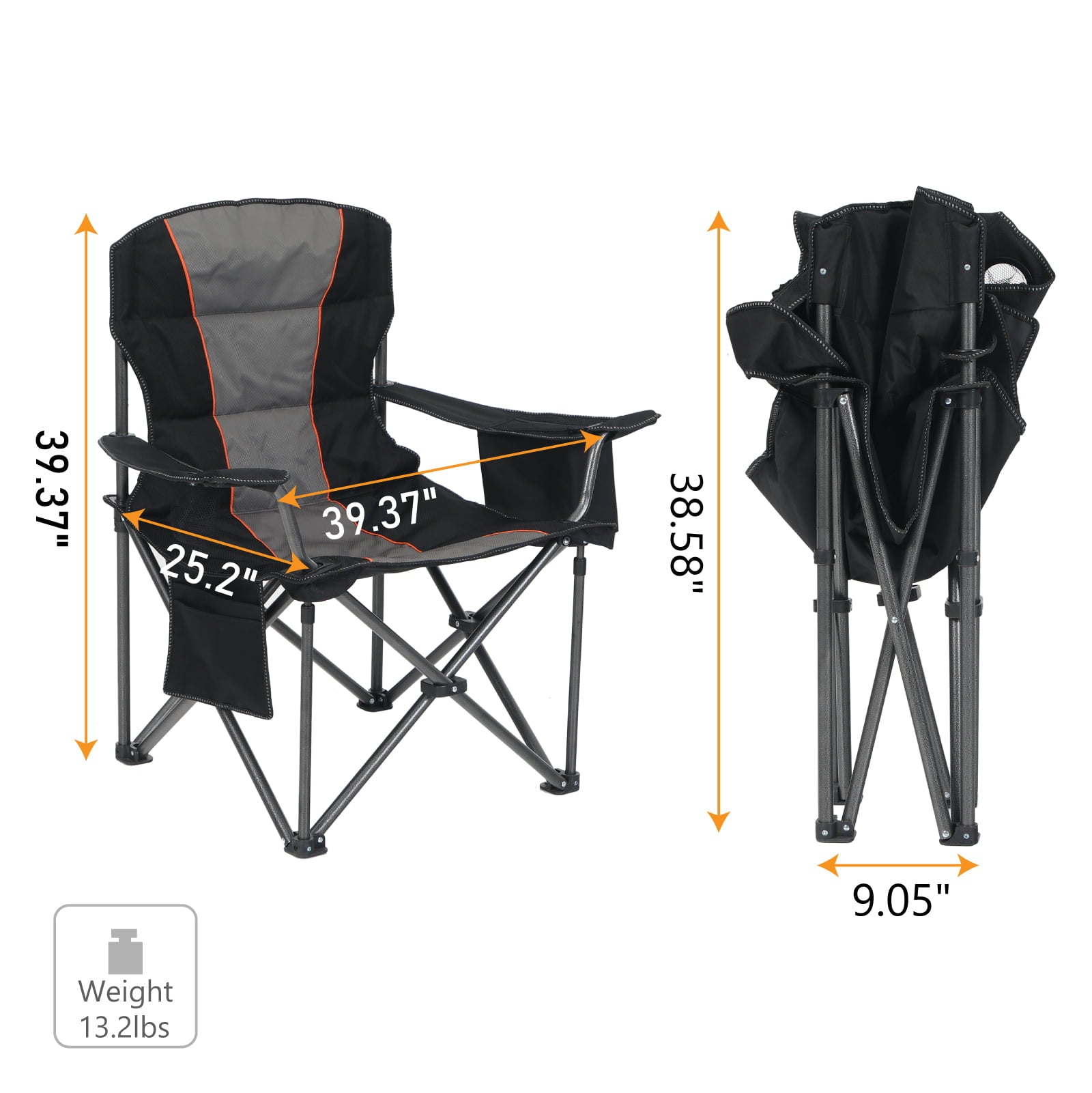 MF Studio Oversized Camping Folding Chair with Cooler Holder, Black and Gray