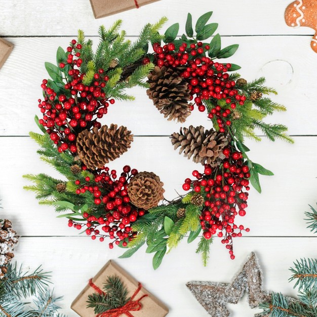 Unlit Artificial Pine Cone Red Berry And Pine Sprig Christmas Wreath