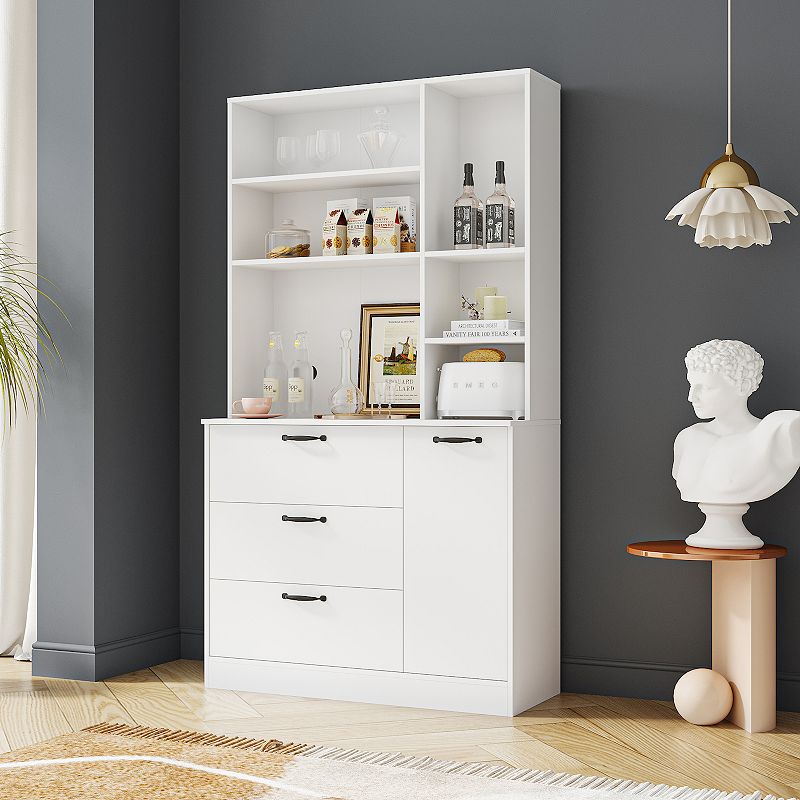 Large Kitchen Pantry Storage Cabinet with Drawers and Open Shelves， Freestanding Kitchen Cupboard Buffet Cabinet