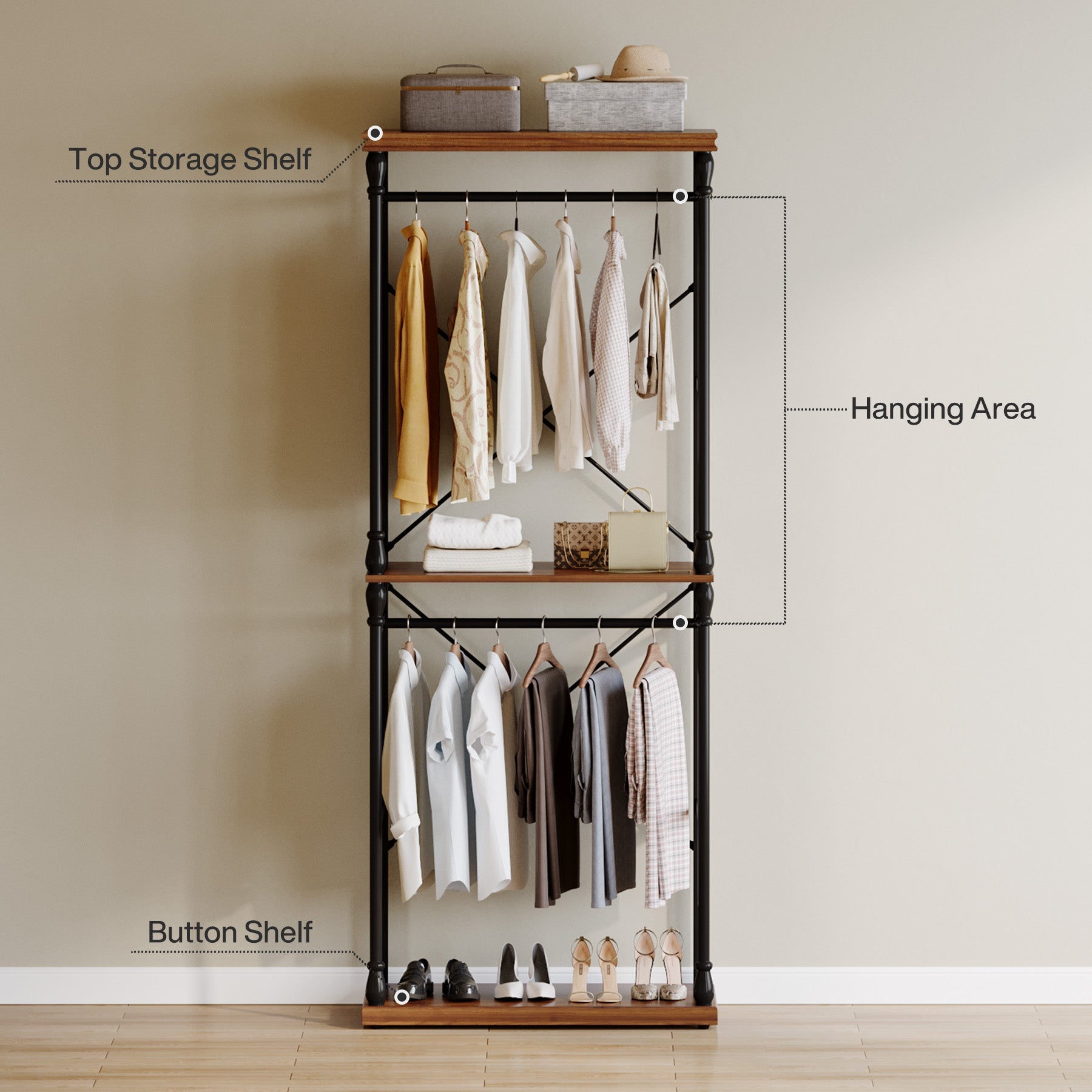 Freestanding Clothes Rack, Garment Rack Closet Organizer with Storage Shelves