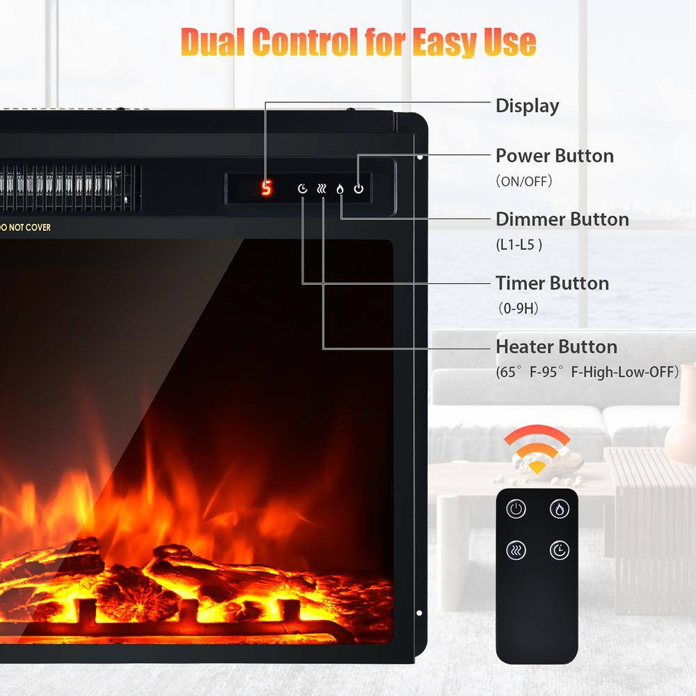 Costway 20 in. 1500-Watt Freestanding and Recessed Heater Electric Fireplace Log Flame Remote in Black FP10046US