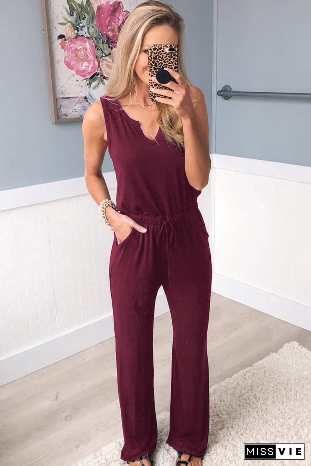 Wine Red Split Neck Drawstring Waist Sleeveless Jumpsuit