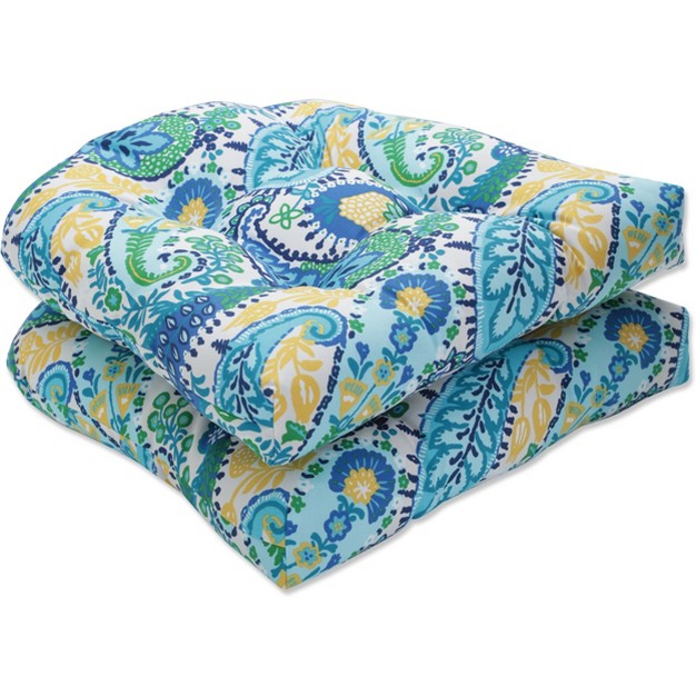 Set Of 2 Outdoor indoor Wicker Seat Cushions Amalia Paisley Blue Pillow Perfect