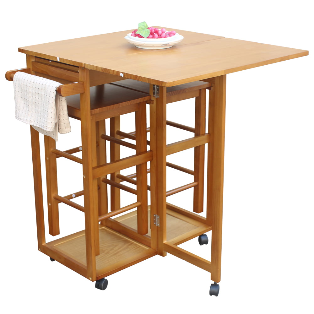 Kitchen Island with Stools， Folding Kitchen Island Trolley Cart， Rolling Cart with Drawers， Portable Breakfast Bar， Drop Leaf Dining Table Set for Dining Room， Bistro， Hotel， Patio， Brown， W4259