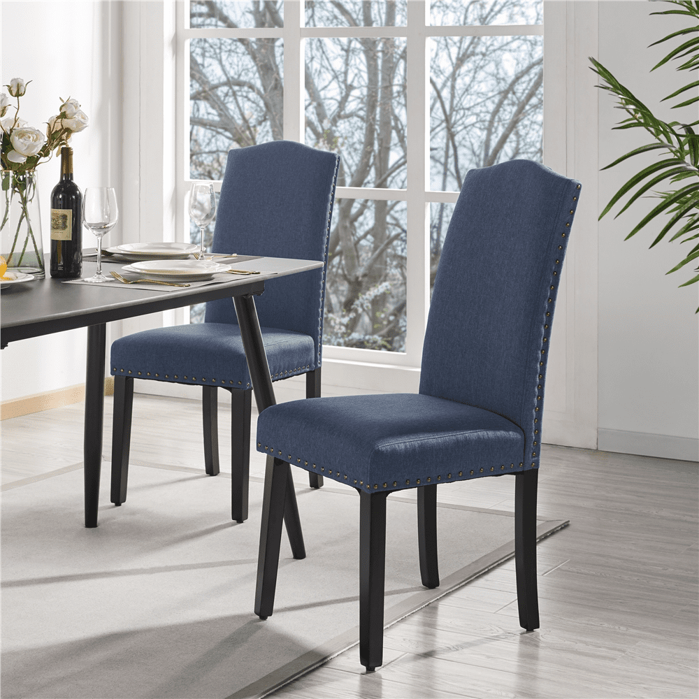 Yaheetech Set of 2 Classic Dining Chair Fabric Upholstered Kitchen Chair with Nailhead Trim Solid Wood Legs， Blue