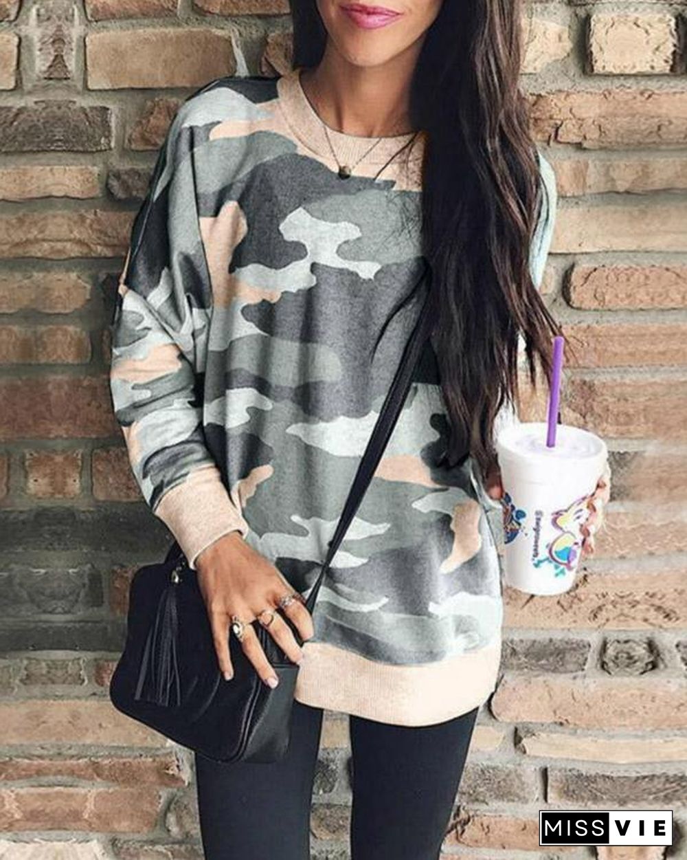 Plus Size Casual Long Sleeves Camouflage Printed Sweatshirt