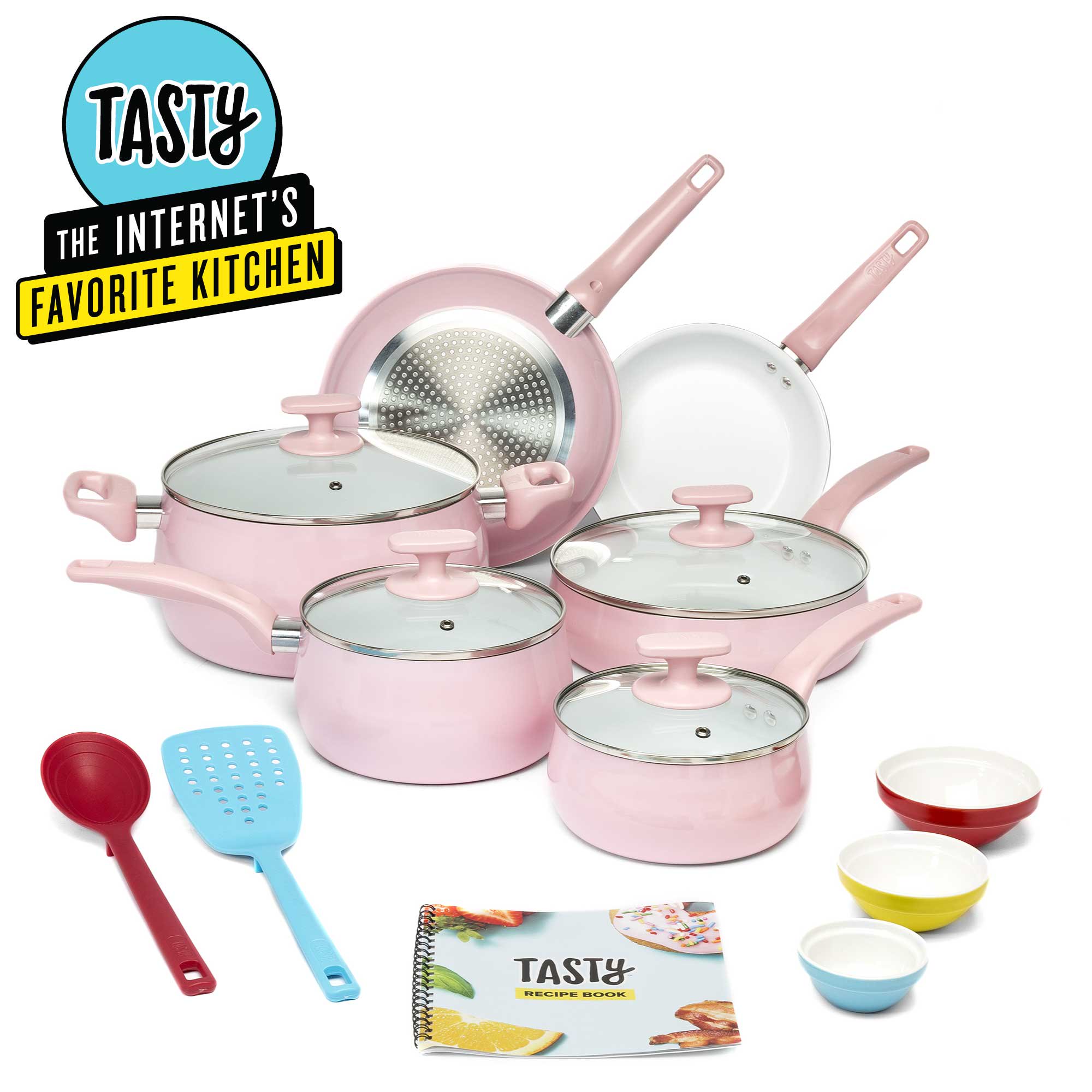 Tasty Ceramic Titanium-Reinforced Cookware Set， Pink， 16 Piece