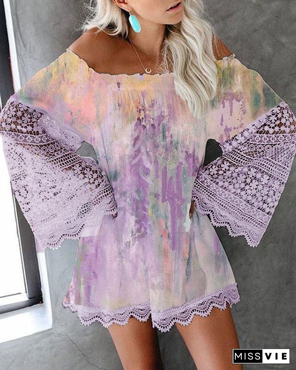 Long-Sleeve Off-Shoulder Printed Lace Loose Mini Dress S-5XL