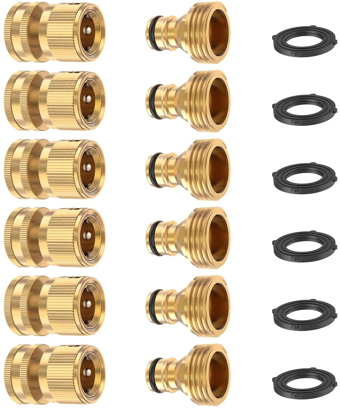 Kesfitt Garden Hose Quick Connector Solid Brass，3/4 Inch GHT Thread Fitting No-Leak Water Hose Fittings Female and Male Adapter (6 Sets)