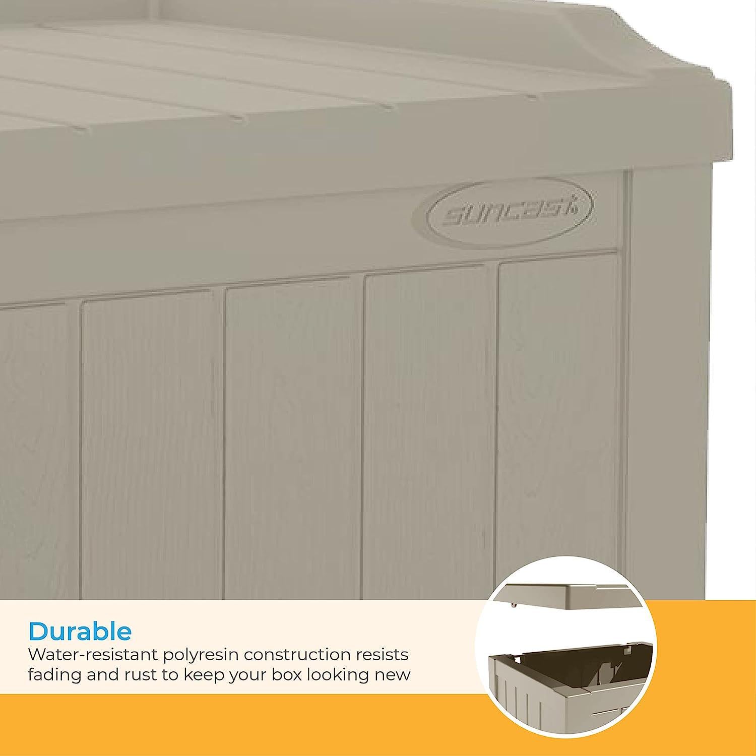 Suncast Small Deck Box-Lightweight Resin Indoor/Outdoor Storage Container and Seat Cushions and Gardening Tools Store Items on Patio, Garage, Yard, 22 Gallon, Light Taupe