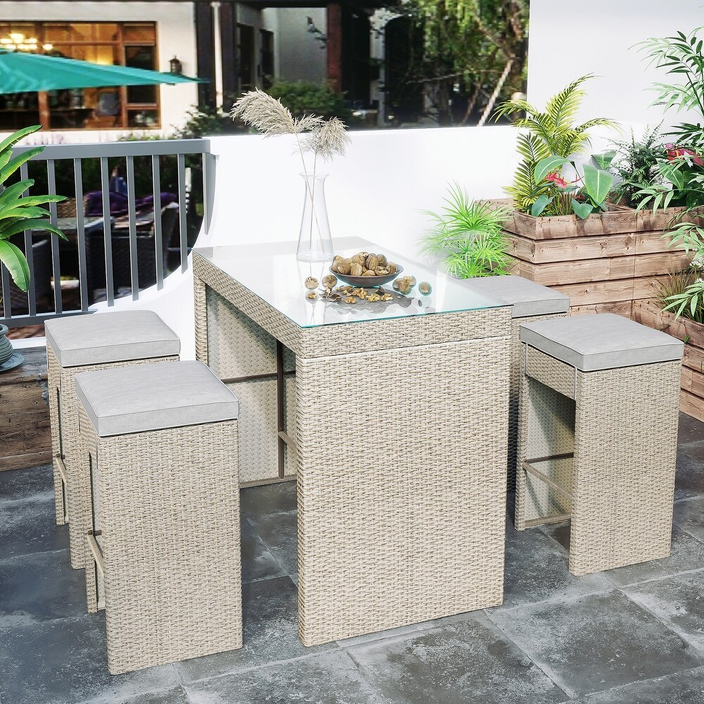 5 piece Rattan Outdoor Patio Furniture Set Bar Dining Table Set with 4 Stools