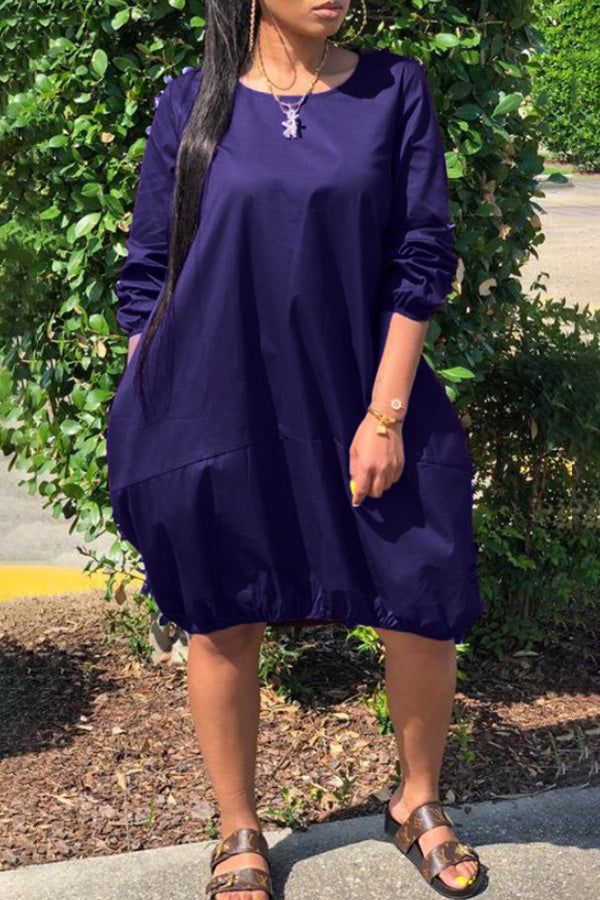 Casual Loose Solid Color Pocket Midi Dress