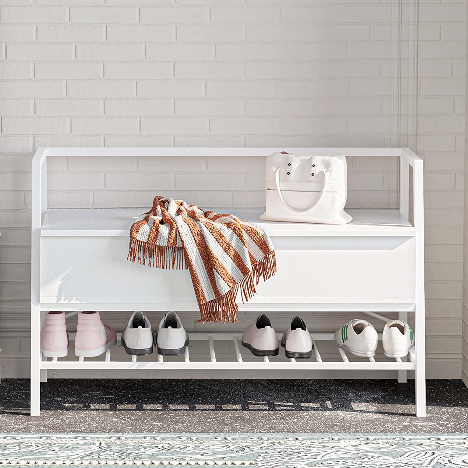 IRONCK Shoe Storage Bench with Shoe Rack,for Entryway, Bedroom, Hallway, Industrial,39.4 In White