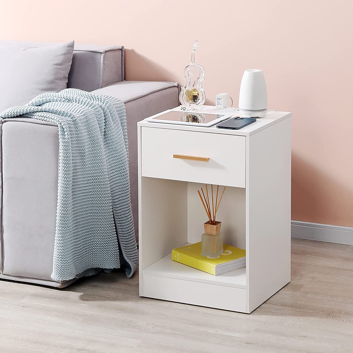 WELLAND Nightstand with Charging Station End Side Table with Storage Drawer and Open Cabinet, Bedside Table, White Finished