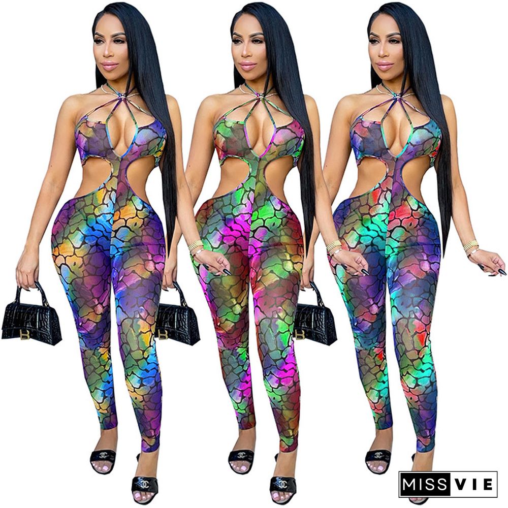 Sexy Fashion Women Digital Print Sleeveless Halter Hollow Out Bodycon Party Club Streetwear Jumpsuits