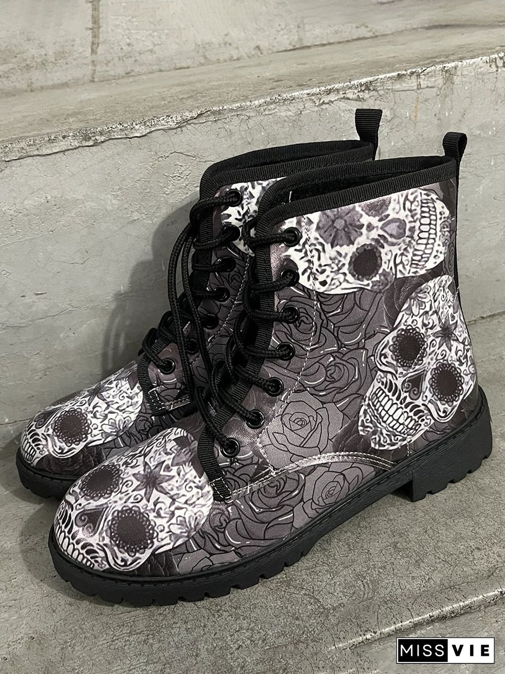 Skull All Season Party Commuting Low Heel PU Pu Lace-Up Height Increasing Boots for Women