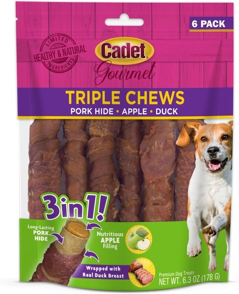 Cadet Gourmet Triple Chews Apple， Duck and Pork Hide Twists Dog Treats， 6 count