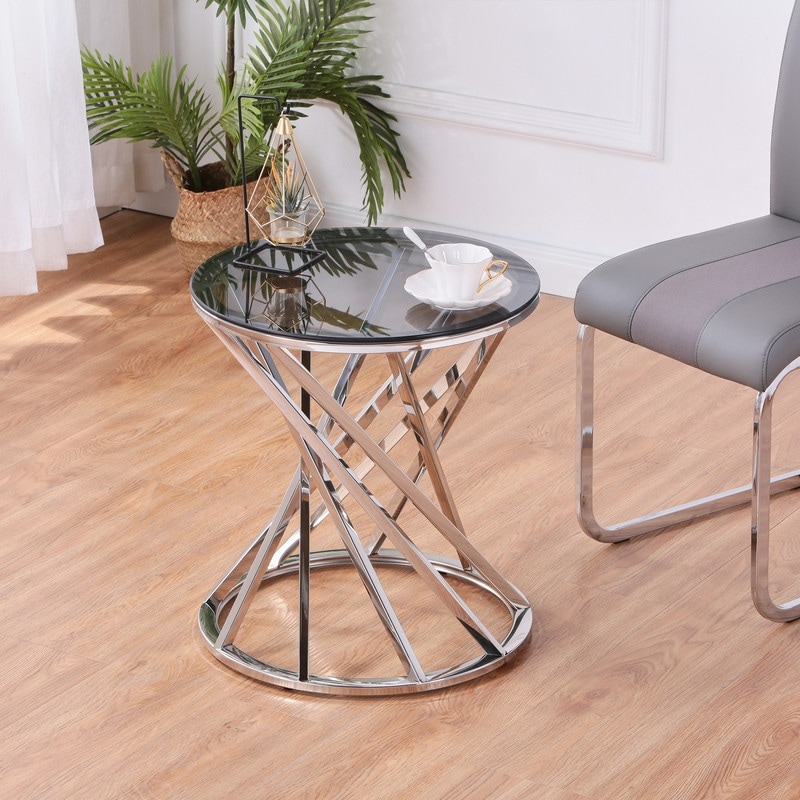 Round Glass Top Side Table for Living Room， Modern Spiral End Table