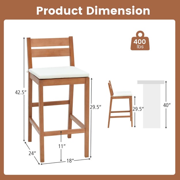 Costway Outdoor Wood Barstools Eucalyptus Wood Bar Height Chairs Cushioned Seat