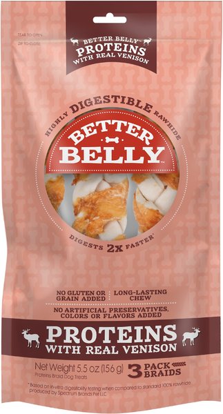 Better Belly Proteins Real Venison Braids Dog Treats， 3 count