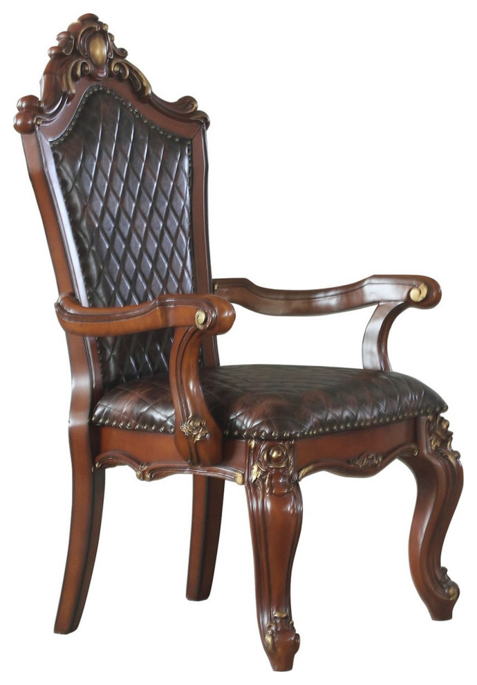 Leatherette Padded Arm Chair With Button Tufted Back  Set Of 2  Brown   Victorian   Dining Chairs   by VirVentures  Houzz