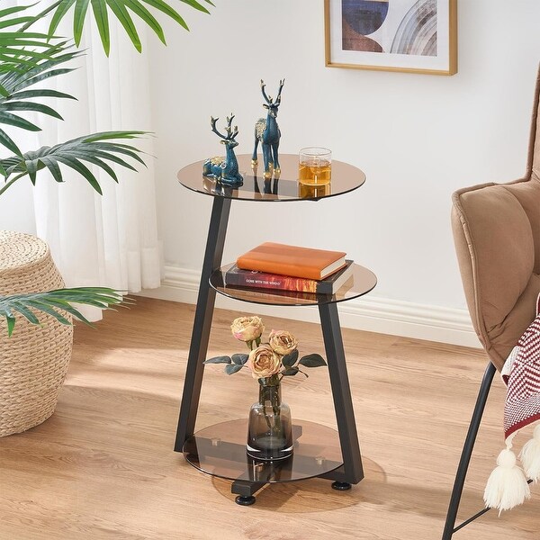 Round End Table Tempered Glass Side Table with Metal Frame，Tawny