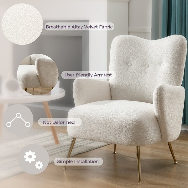 Contemporary Teddy Velvet Arm Chair， Comfortable Accent Chair with Golden Metal Legs and High Back for Living Room Bedroom