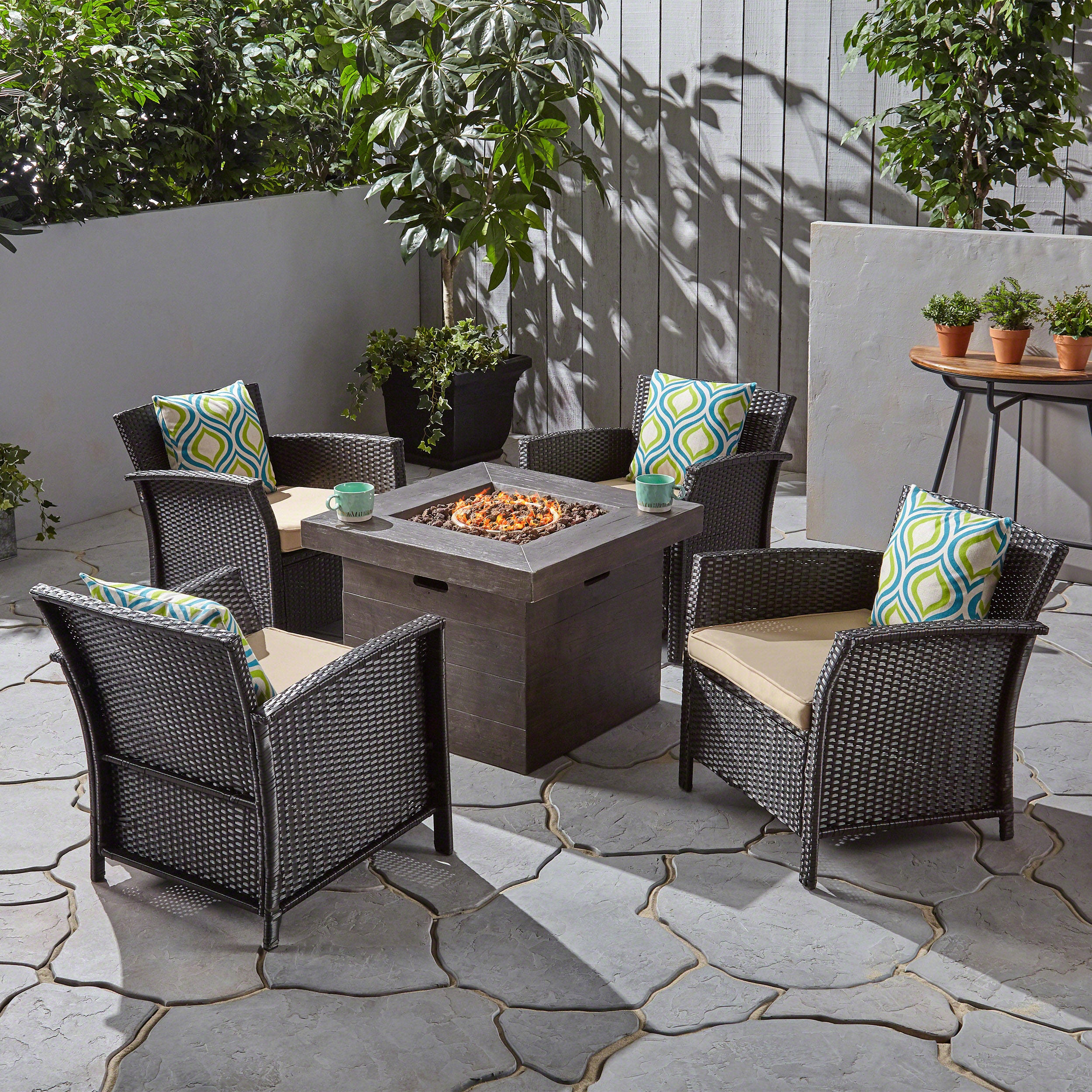 Laiah Outdoor 4 Piece Wicker Club Chair Chat Set with Wood Finished Fire Pit