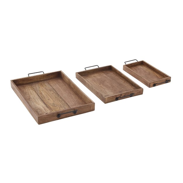 Set Of 3 Farmhouse Slat Style Mango Wood And Iron Trays Brown Olivia amp May