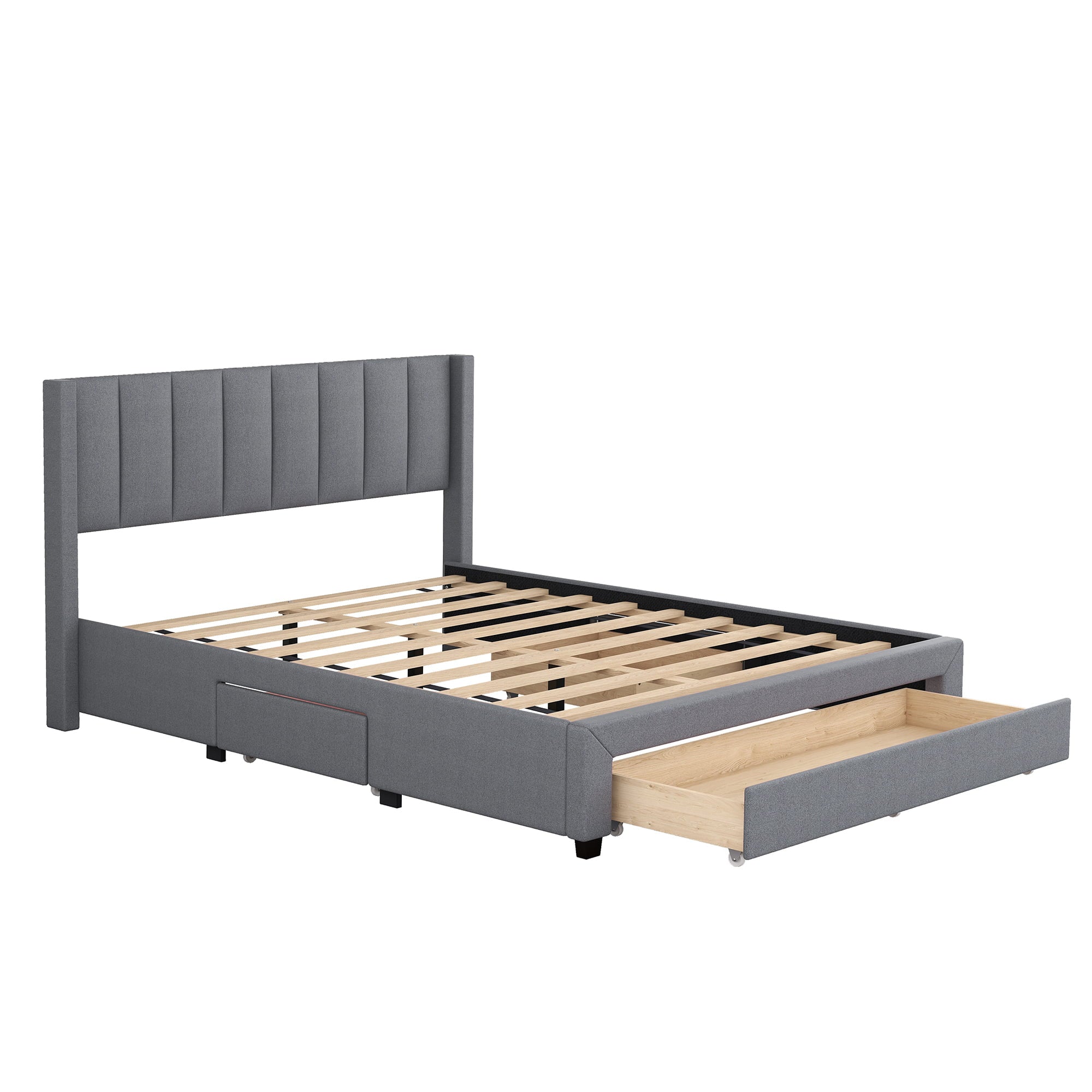 EUROCO Queen Size Upholstery Platform Bed with Three Storage Drawers for Bedroom, Gray