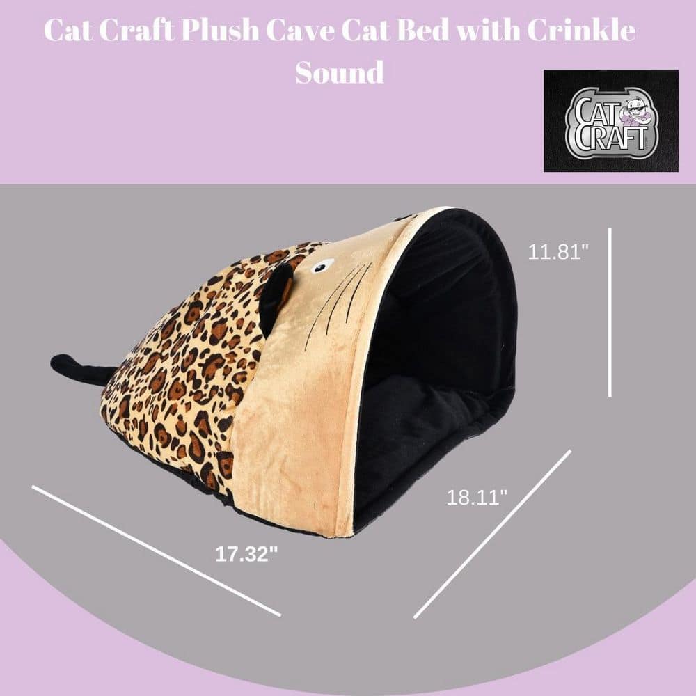 CAT CRAFT Plush Cave Cat Bed with Crinkle Sound, Cheetah 40533