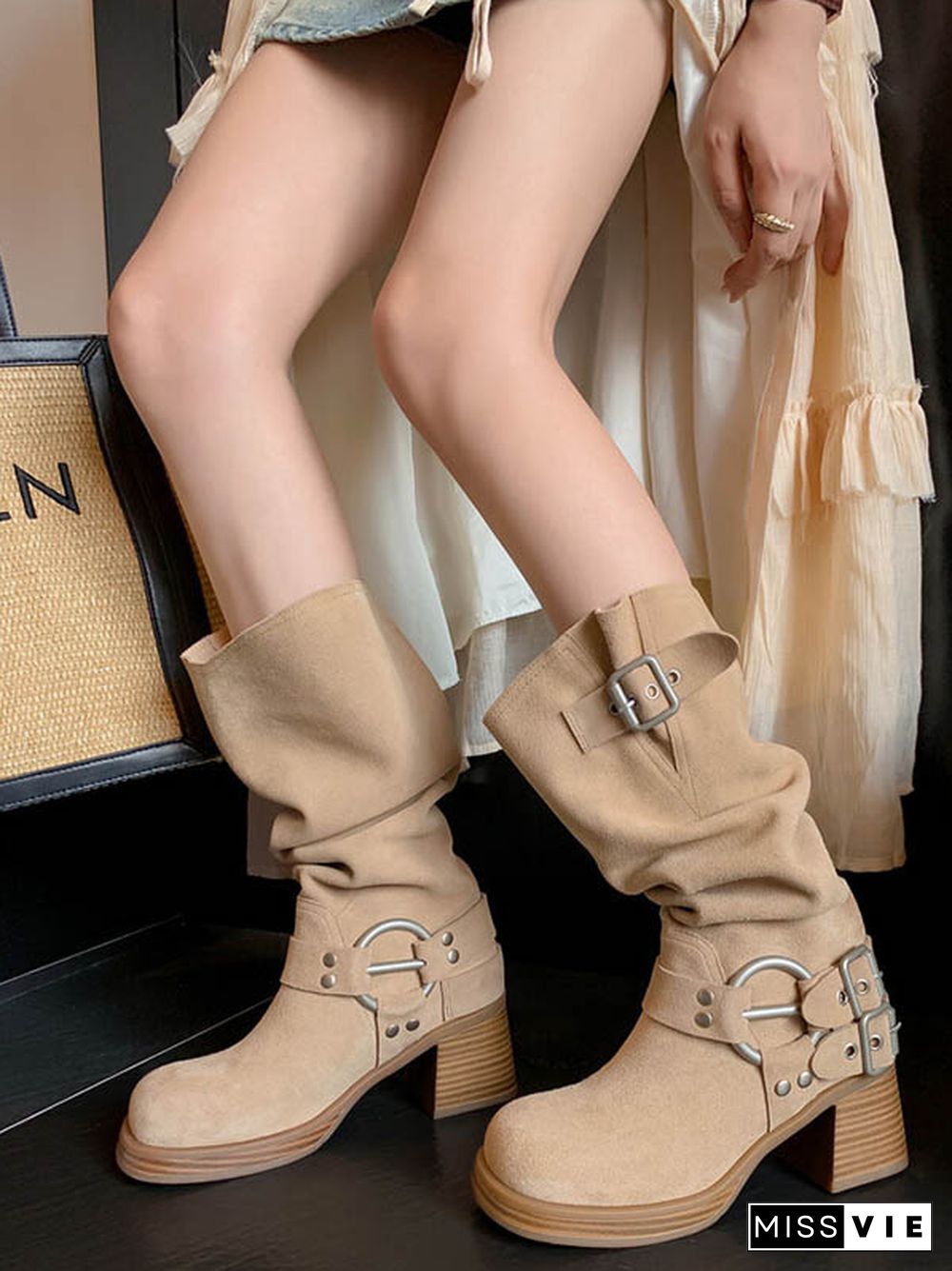 Buckle Round-Toe Split-Joint Velvet Boots Pumps