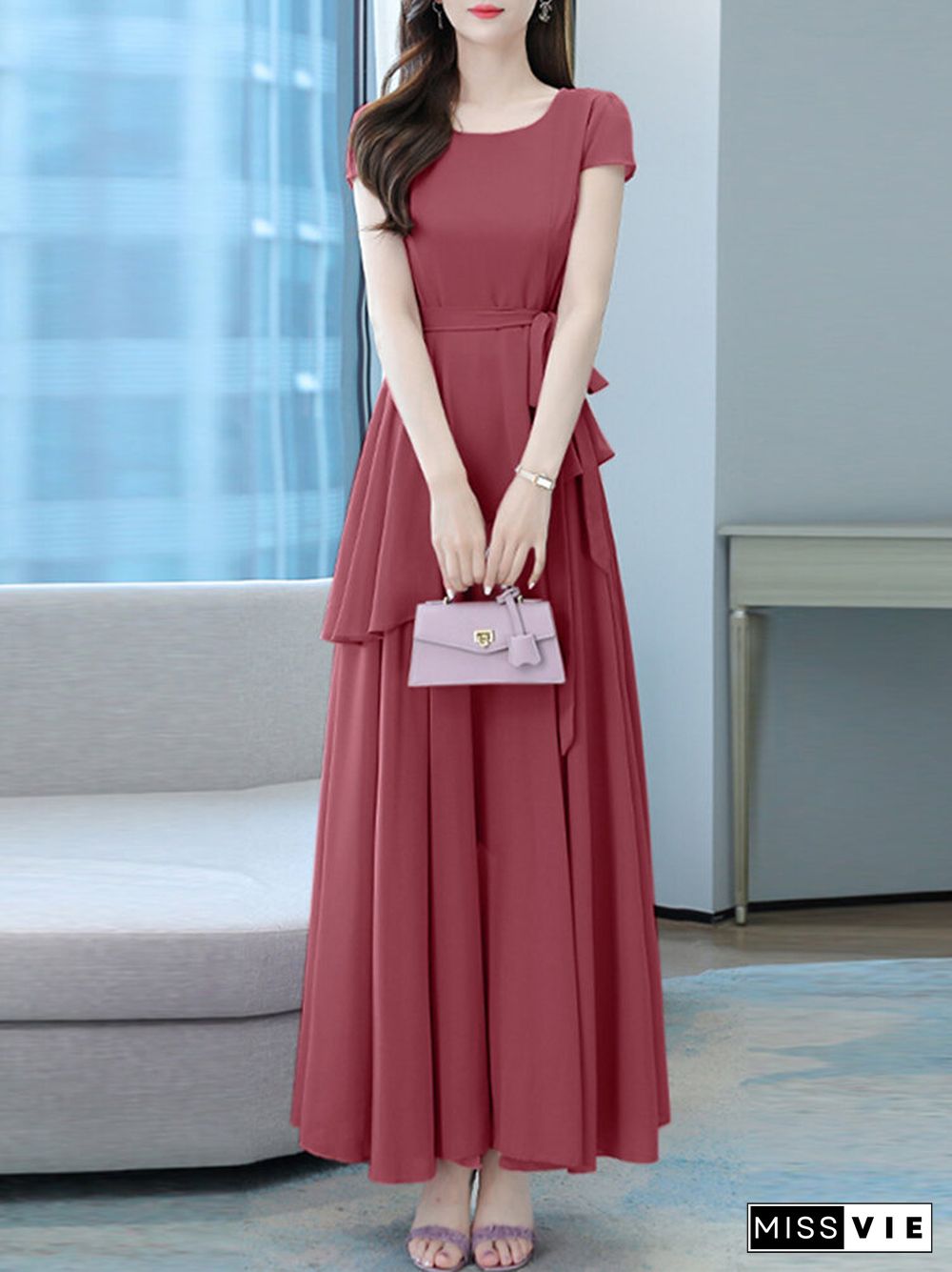 Solid Asymmetrical Swing Short Sleeve Maxi Dress With Belt