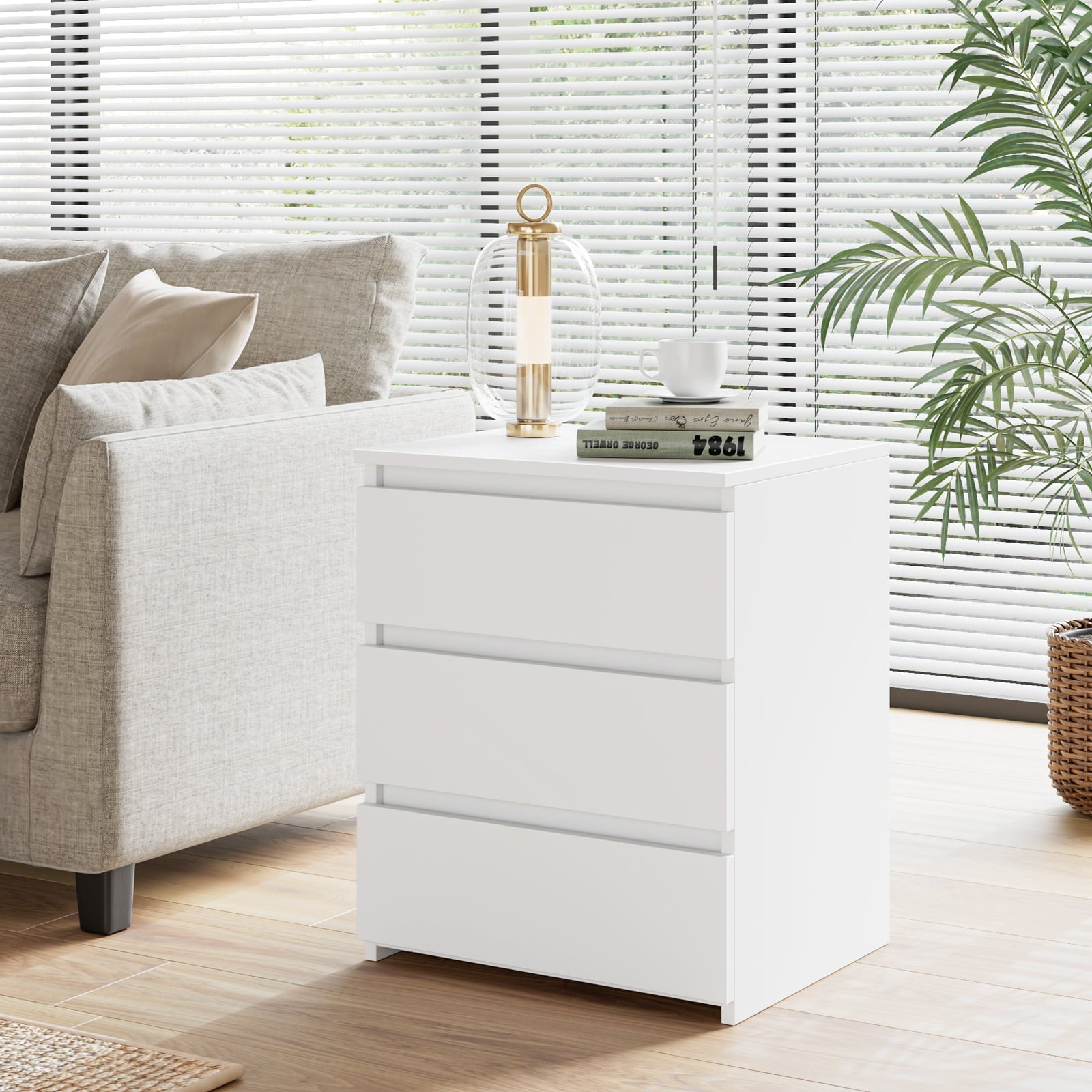 Homfa White Nightstand with Drawers, 3-Tier Sofa Table, Modern Wooden Storage Cabinet for Bedroom