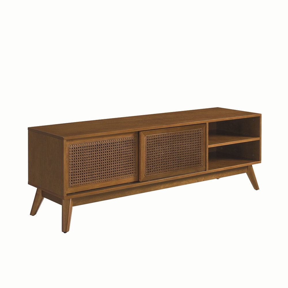 Rattan TV Stand Media Console Entertainment Cabinet for Living Room Bedroom w/ Wood Feet   Rattan Sliding Cabinet Doors