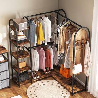 BYBLIGHT Carmalita Rustic Brown and Black L-Shaped Corner Garment Rack Closet Organizer with Storage Shelves and Coat Rack BB-JW0199XL