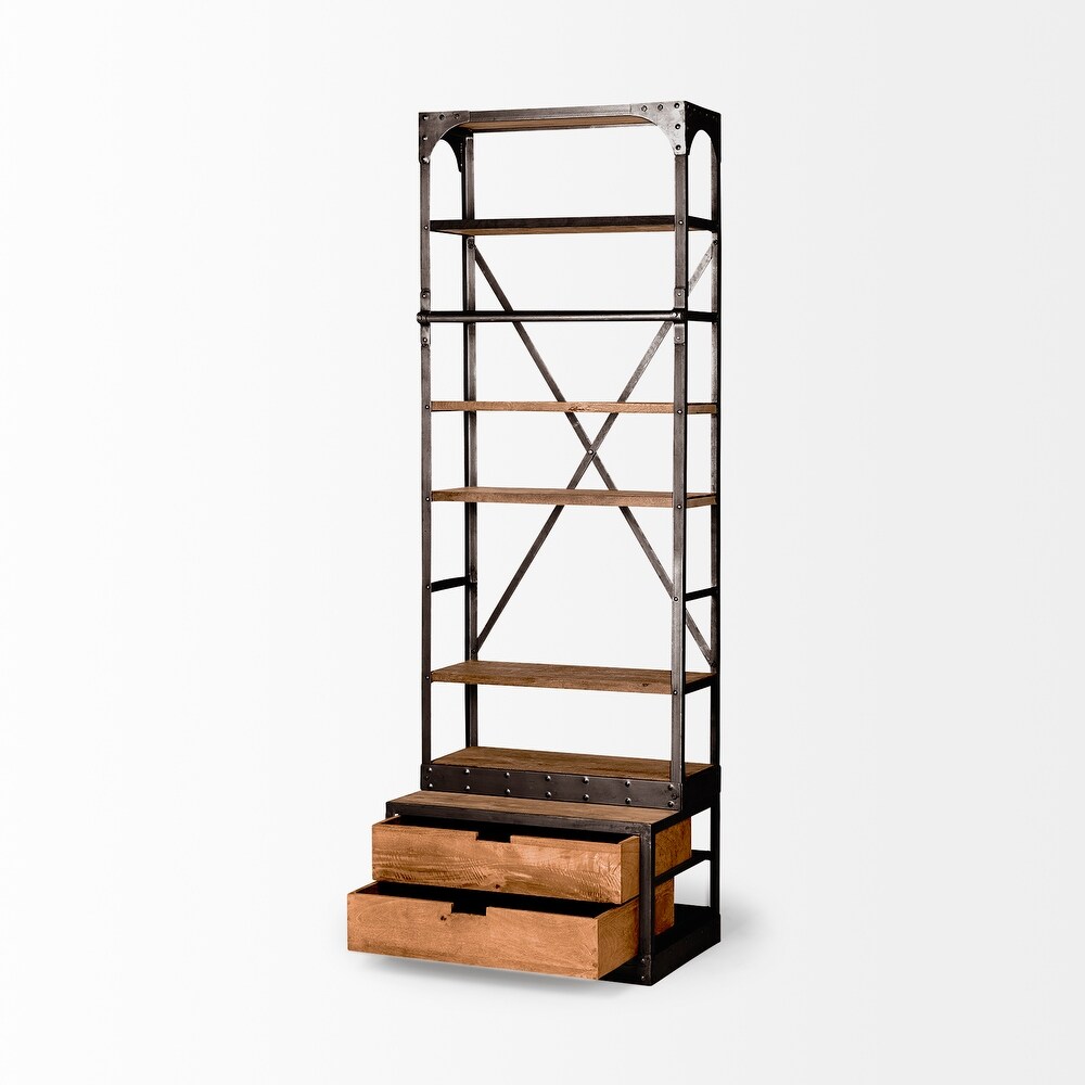 Brodie I Medium Brown Solid Wood w/ Bronze Iron Frame   Ladder Shelving Unit   32.0L x 22.0W x 94.0H