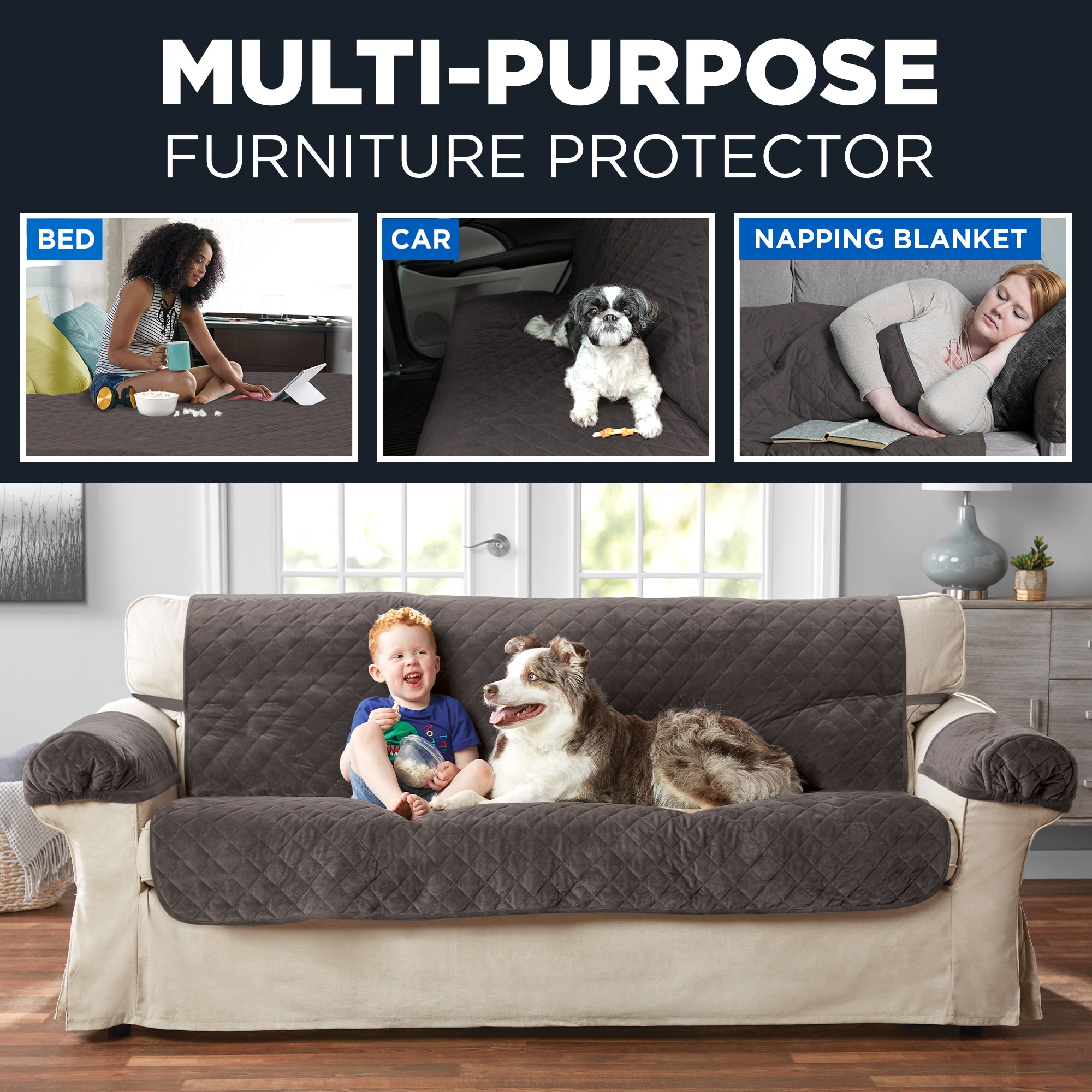 Mainstays 3-Piece Quilted Plush Sofa Pet Cover Multipurpose Furniture Protector, Chocolate