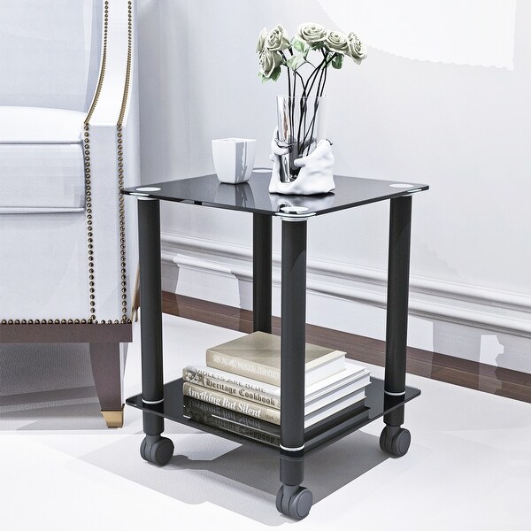 2-Tier Glass Metal Side Table with Storage Shelve， 2-Piece