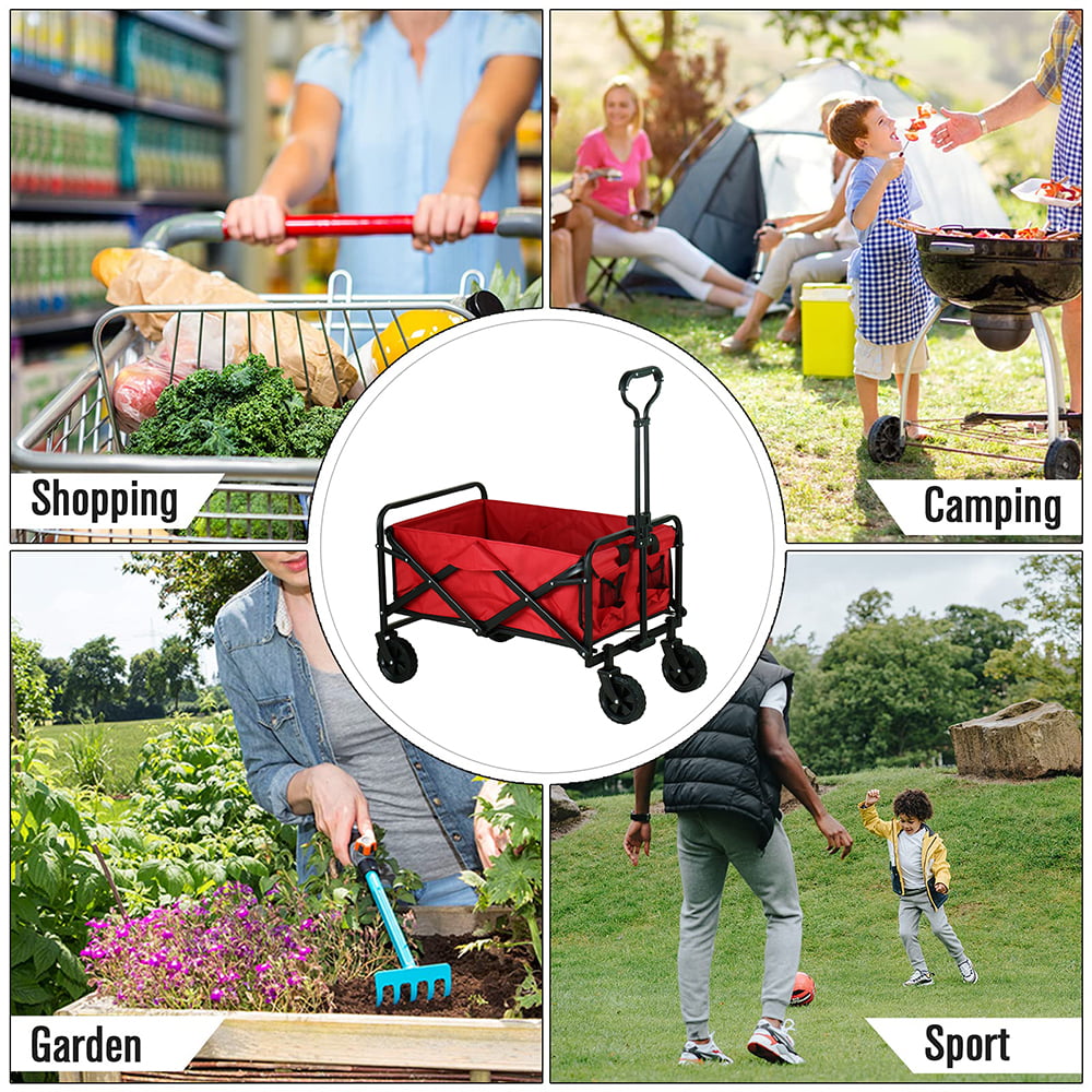 Outdoor Folding Camping Cart,  Collapsible Wagon with Universal 360° All-Terrain Wheels for Picnic and Beach Camping, Red, 30.3"L x19.2"W x29.5"H