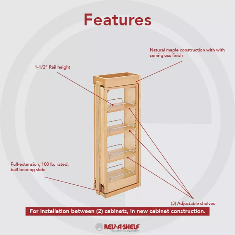 Rev-A-Shelf 6 x 30 In Pullout Between Cabinet Filler Maple Wood Shelf Storage