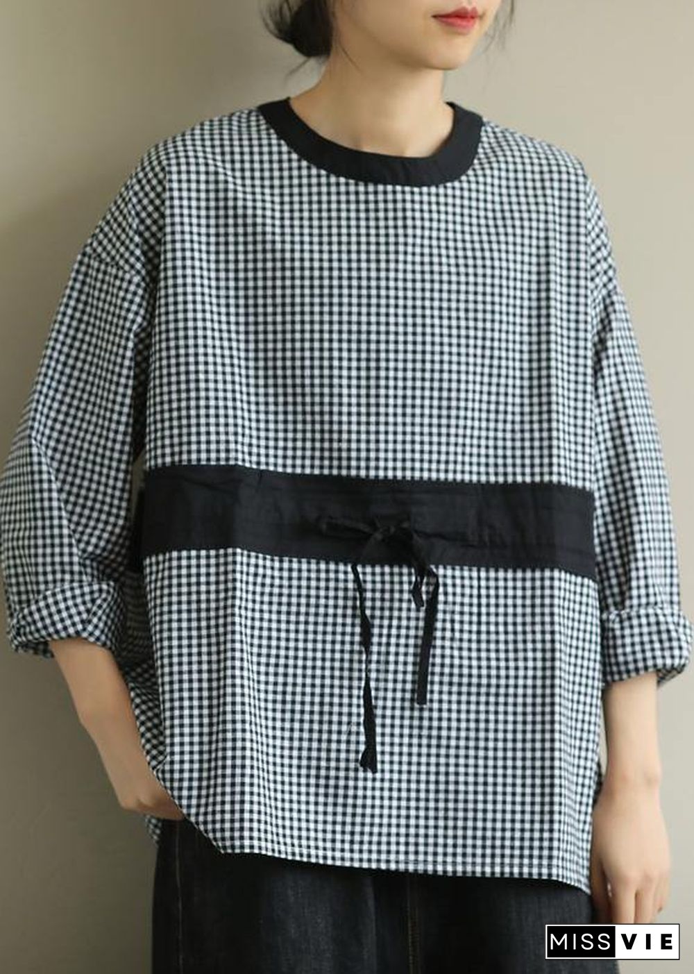 Elegant o neck tie waist fall Blouse Wardrobes black plaid shirt