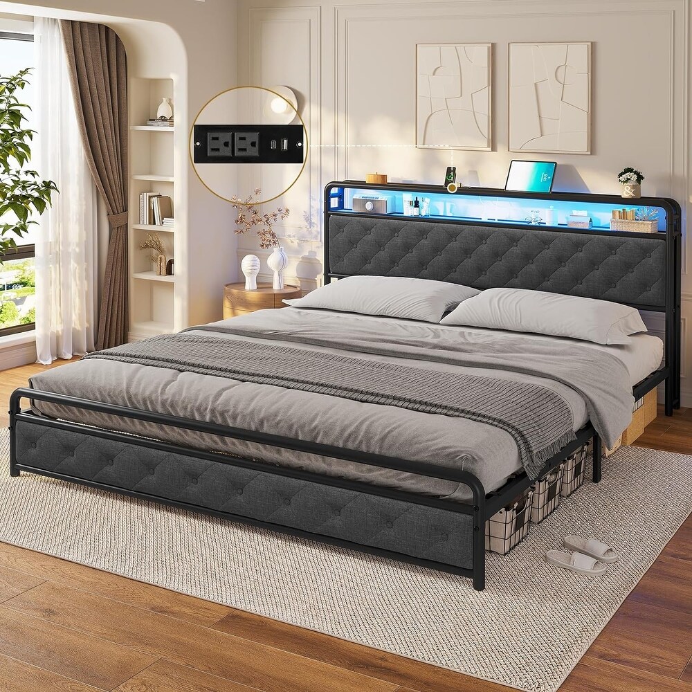 King Size Bed Frame with Built in LED Light Headboard